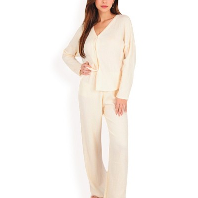 Anna-Kaci Lounge Women's Solid Color 2-Piece Pajama Set with Long Sleeve V-Neck Top and Relaxed Fit Wide-Leg Pants