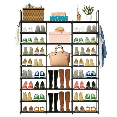 NewHome"9-Tier Metal Shoe Rack Storage Tower - Holds 50-55 Pairs, Free-Standing Organizer with Hooks"Black