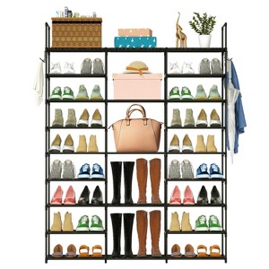 NewHome"9-Tier Metal Shoe Rack Storage Tower - Holds 50-55 Pairs, Free-Standing Organizer with Hooks"Black - 1 of 4