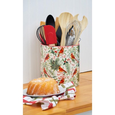 Festive Ceramic Cardinal Greenery Utensil Crock