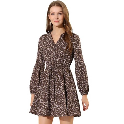 Allegra K Women's Floral Print Button Front Puff Sleeve Tie Waist Shirt Dress