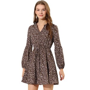 Allegra K Women's Floral Print Button Front Puff Sleeve Tie Waist Shirt Dress - 1 of 4