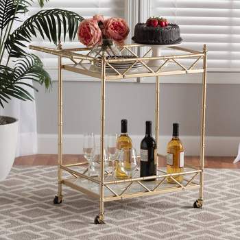 Mela Metal and Marble 2 Tier Wine Cart Gold/White Marble - Baxton Studio