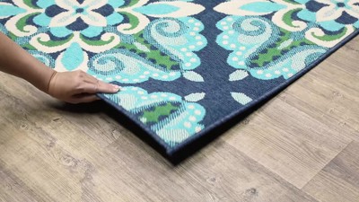 Rectangular Blue Geometric Stain-Resistant Synthetic Rug