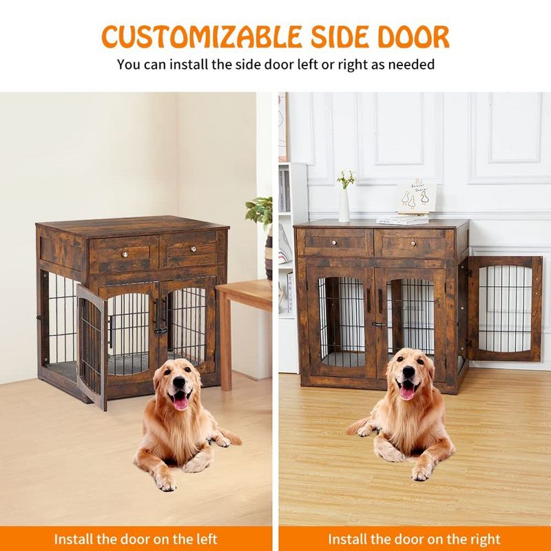 Dog Crate Furniture with 3 Doors,39.4" Large Dog Crate with 2 Drawer & Cushion,Wooden Dog House Kennel for Medium/Large Dog, 4 of 9