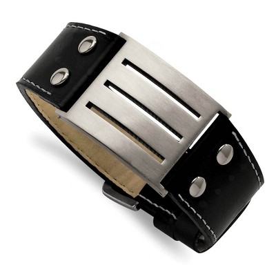 Black Bow Jewelry Men's Stainless Steel Black Leather Adj. Buckle Bracelet, 8.75 Inch