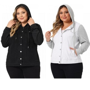 Agnes Orinda Women's Plus Size Layered Drawstring Hoodie Denim Jean Jackets - 1 of 4