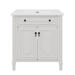 Vynxaria 31 Inch Vintage Antique White Bathroom Vanity with Ceramic Sink One Complete Set Solid Wood Curved Cabinet Soft Close Doors Adjustable Shelf - 1 of 4