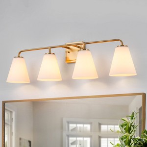 LLHZSY Bathroom Vanity Wall Light Brass 4-Light Conical Milky White Glass Sconces - 1 of 4