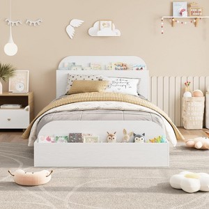 Twin Size Wood Bed Frame with Storage Headboard and Raised-Foodboard for Kid, Twin-Floor Low Platform Bed for Bedroom, No Box Spring Needed - 1 of 4