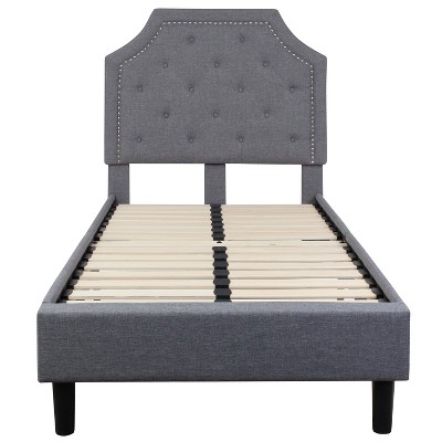 Elegant Twin-Size Light Gray Upholstered Bed with Tufted Headboard and Nailhead Trim