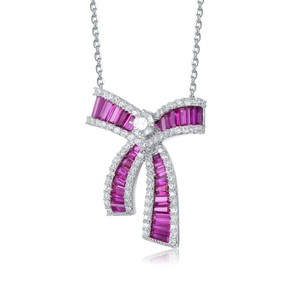 Guili Rhodium-Plated Sterling Silver Bowtie Pendant Necklace with Sparkling CZ in Purple or Blue—A Chic and Sophisticated Touch for Any Outfit. - 1 of 3