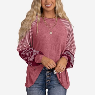 Amaryllis Women’s Mixed Stripe Long Sleeve Raglan Top With Bandana Print Puff Sleeves
