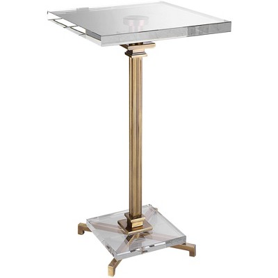 Uttermost Vintage Brushed Brass Metal Square Drink Table 12 3/4" Gold Crystal Glass Tabletop for Living Room Bedroom Bedside House