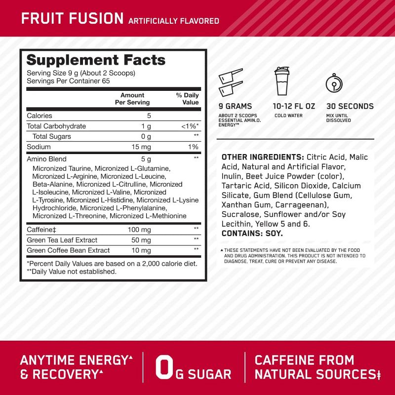 Optimum Nutrition, Essential Amino Energy, Powder, Fruit Fusion, 65 Servings, 4 of 9