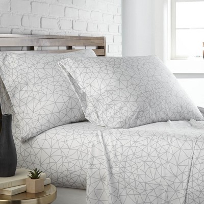 White-Grey Geometric Print Microfiber Queen Sheet Set