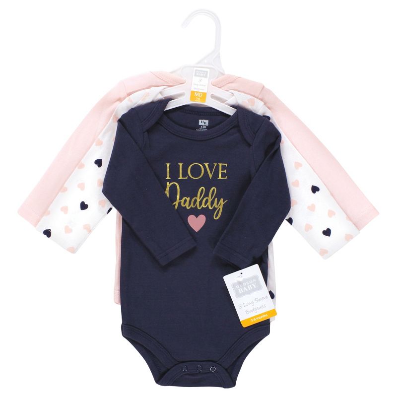 Hudson Baby Infant Girl Cotton Long-Sleeve Bodysuits, Girl Daddy Pink Navy 3-Pack, 2 of 6