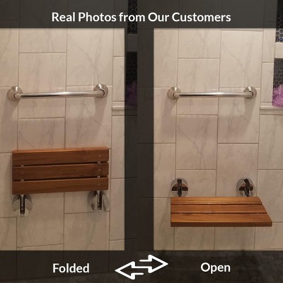 20" Teak Wood Folding Wall Mounted Shower Seat with Stainless Steel Hardware