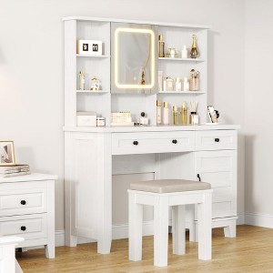 Farmhouse Makeup Vanity Desk,Makeup Vanity with Mirror and Lights & Power Outlet, Makeup Table with 2 Drawers, Dressing Table with Glass Top - 1 of 4