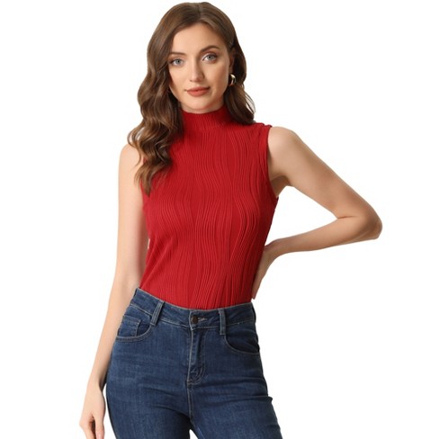 Allegra K Women's Mock Neck Sleeveless Ribbed Knit Blouses Red X-Large