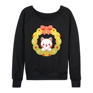Women's - Instant Message - Chibi Cat Christmas Wreath Lightweight French Terry Wide Neck Long Sleeve Shirt - 1 of 4