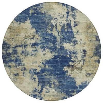 HomeRoots 8' Navy Blue And Beige Round Abstract Washable Indoor Outdoor Area Rug