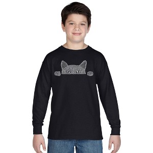LA Pop Art Boy's Word Art Long Sleeve - Peeking Cat - 1 of 4