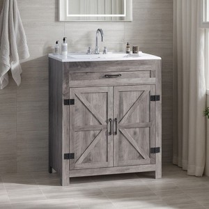 Karl Home 30in Bathroom Vanity Barn Door Walnut U-Shelf Without Top Sink - 1 of 4