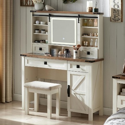 Farmhouse Makeup Vanity Tables with Sliding Lighted HD mirror, Vanity Desk with Glass Tabletop for Bedroom, Stool Included