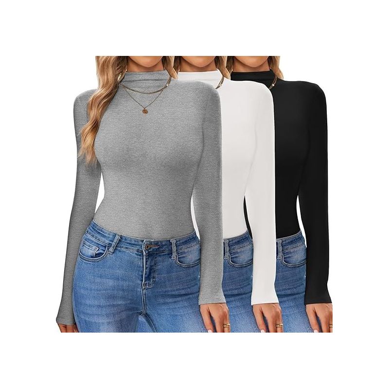 Ekouaer Turtleneck Shirt Women Long Sleeve Mock Neck Slim Fit Tops Thermal Base Layer Soft Lightweight Stretch Undershirts Black/Light Gray/White XXL