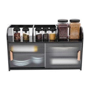 YIYIBYUS Small Bamboo Kitchen Pantry Sideboard with 2 Glass Doors, Freestanding Countertop Storage Cabinet - 1 of 4