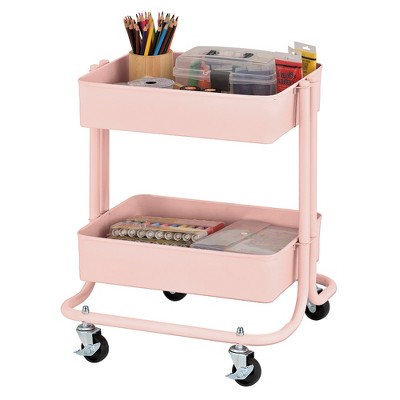 ECR4Kids Pink 2-Tier Metal Rolling Utility Cart