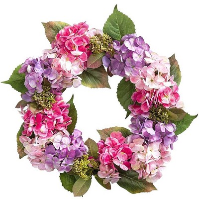 Plow & Hearth - Pink and Purple Faux Hydrangea Flowers Wreath with Rattan Base