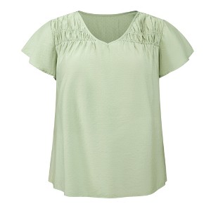 Women's Plus Size Jacquard Texture Smocked Shoulder V Neck Ruffle Sleeve Flowy Summer Casual Blouses - GRACE & GRANDEUR - 1 of 4