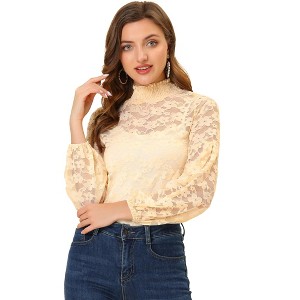 INSPIRE CHIC Women's See Through Mock Neck Long Sleeve Floral Lace Blouse - 1 of 4