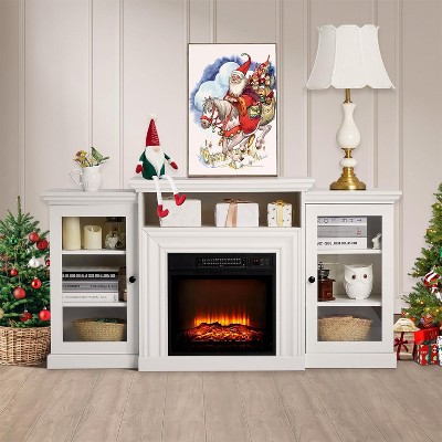 60" Farmhouse TV Stand w/ Fireplace - Wood Entertainment Center, Open Shelves, Remote & Timer, 3-Level Flame