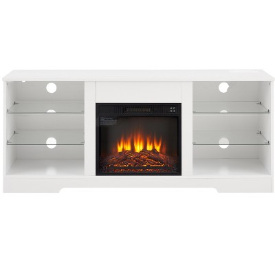 Vynxaria 58" White TV Center with Electric Fireplace and Glass Shelves