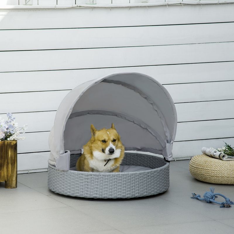 PawHut Wicker Dog Bed Rattan Pet Sofa with Adjustable Canopy Pet House Shelter for Small Dogs with Cushion Indoor Outdoor, Gray, 3 of 7