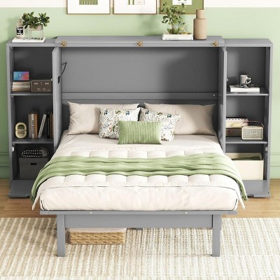 Streamdale Queen Size Murphy Bed with Shelves, Drawers and USB Ports,Gray