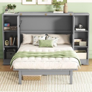 Streamdale Queen Size Murphy Bed with Shelves, Drawers and USB Ports,Gray - 1 of 4