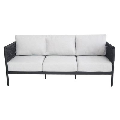 Outdoor Black Wicker and Metal Three-Seater Sofa with Off-White Cushions