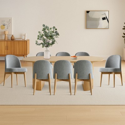 9-Piece Oval Dining Table Set, 79'' Pedestal Table with 8 Upholstered Linen Fabric Chairs, Modern Dining Room Furniture for 8-Maison Boucle