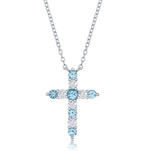 Bella Silver Sterling Silver Swiss Blue CZ 'December Birthstone' Cross Necklace - Blue - 16+2 Inch - 1 of 2