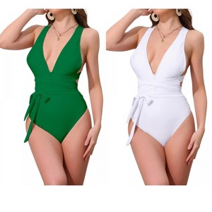 INSPIRE CHIC Women's Deep V Neck Criss Cross Tummy Control High Cut Swimwear Monokini Bikini Suits 2 Sets - 1 of 4