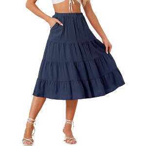 INSPIRE CHIC Women's Midi Solid Elastic Waist Flare Tiered A-Line Skirt with Pockets - 1 of 4