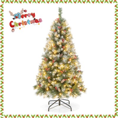 Tangkula 5ft/6.5ft/7.5ft/9ft Pre-lit Artificial Christmas Tree Pre-decorated Hinged Xmas Tree with 450/909/1368/1740 Branch Tips 200/420/560/650 LED Lights 8 Light Modes
