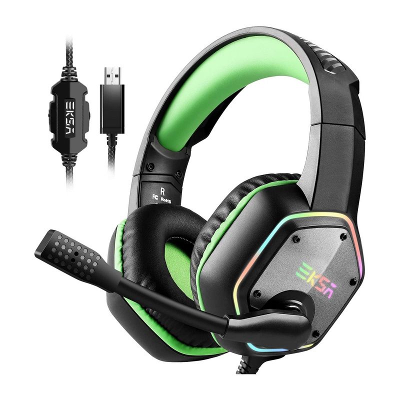EKSA RGB LED Lit Plug In USB Gaming Headset for PC, Xbox, iMac, PS4, and PS5 with Flip Up Microphone and 50mm Speaker Driver, Green, 1 of 7