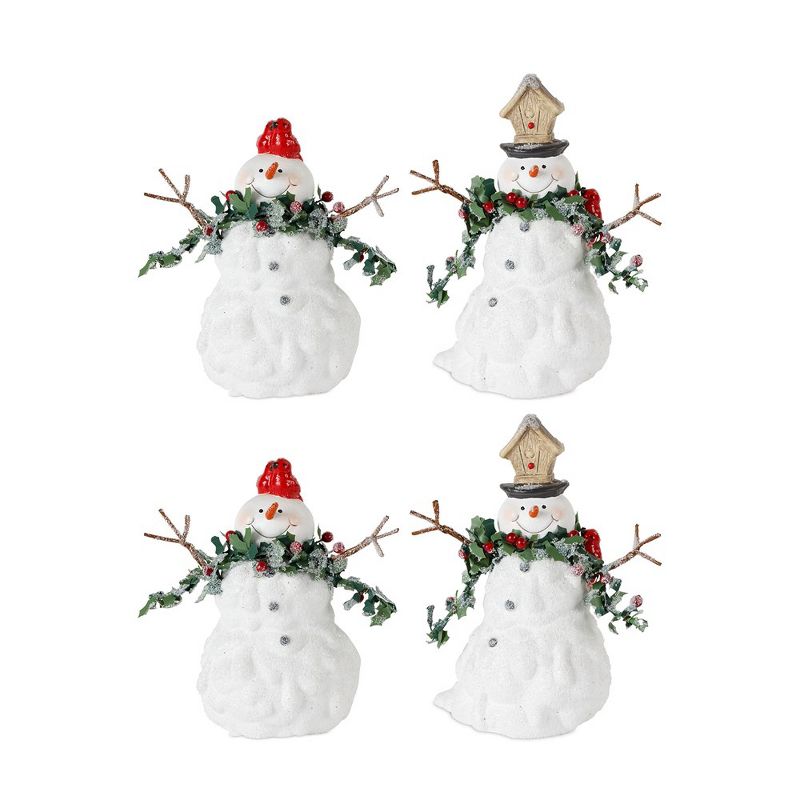 Festive Resin Snowman Figurines with Cardinal Accents, Set of 4