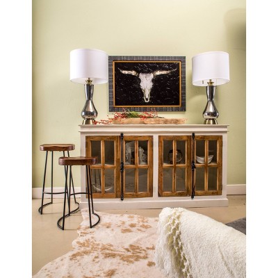 Two-Toned White and Natural Mango Wood Credenza with Tempered Glass
