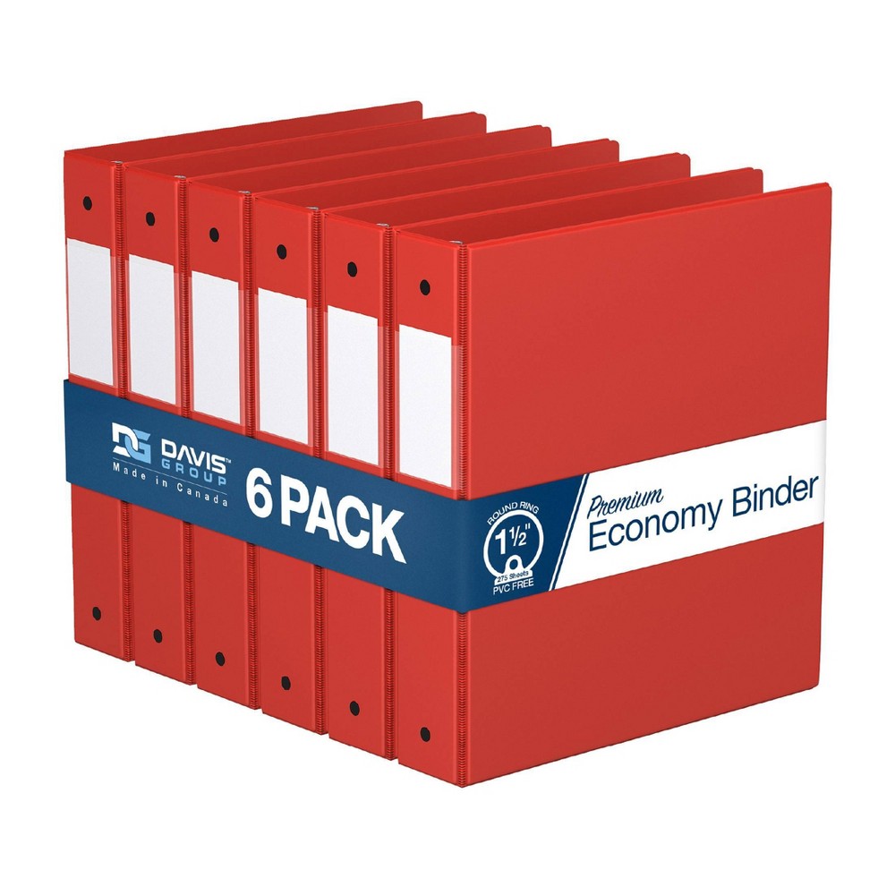 Davis Group 6pk 1.5" Premium Economy Round Ring Binder Red: Hard Cover, 275 Sheet Capacity, 2 Pockets, Polypropylene